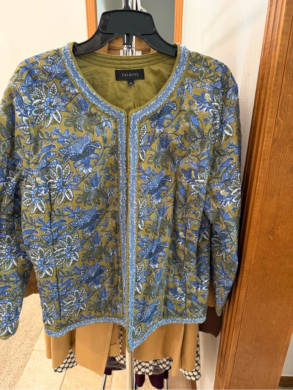 Talbots Olive Jacket with Blue Floral Embroidery - Women's Tunic Top